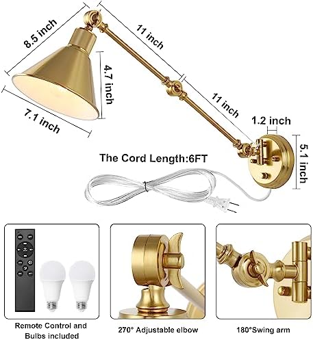 TRLIFE Wall Sconce with Remote Control, Brushed Brass Plug in Wall Sconces Dimmable and Adjustable Color Temperature 2700K-6000K, Swing Arm Wall Lights with Plug in Cord, UL Listed(2 Pack, 2 Bulbs)
