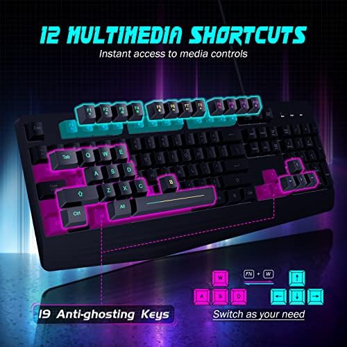 Gaming Keyboard Wired, 7-Color Backlit, 104 Keys Quiet Light Up, Wrist Rest
