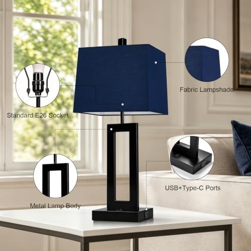 Cinkeda Blue Bedside Table Lamp Set of 2, Nightstand Lamps with USB Ports