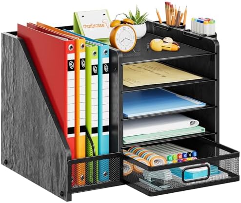Marbrasse Desk Organizer with File Holder, 5-Tier Paper Letter Tray Organizer with Drawer and 2 Pen Holder, Mesh Desktop Organizer and Storage with Magazine Holder for Office Supplies (Wood-Black)