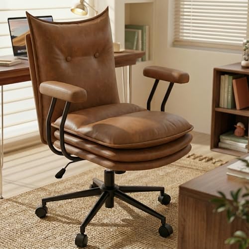 Brown Leather Office Chair with Triple-Layer Seat, Home Desk Chair