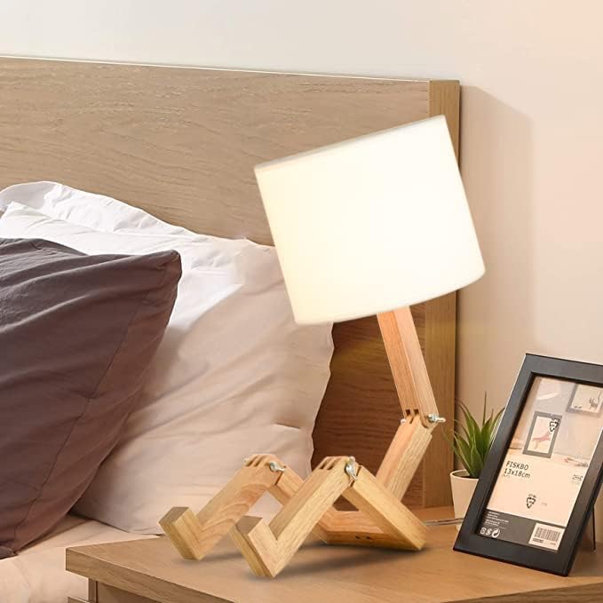 Robot Desk Lamp Set of 2, Creative Bedside Lamp for Bedroom,Wooden Lamp Body Adjustable,DIY E26 Living Room Table Lamps with Fabric Shade,Modern Indoor Decorative Lighting, TB-QBT005-WHM2