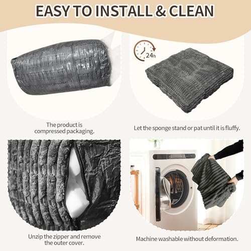 Floor Cushions, Corduroy Floor Pillow, Floors Pillows for Adults & Pets, Large Floors Pouf, Square Floored Pillows for Sitting & Yoga(2PC, Dark Grey，22"×22"×5.9")