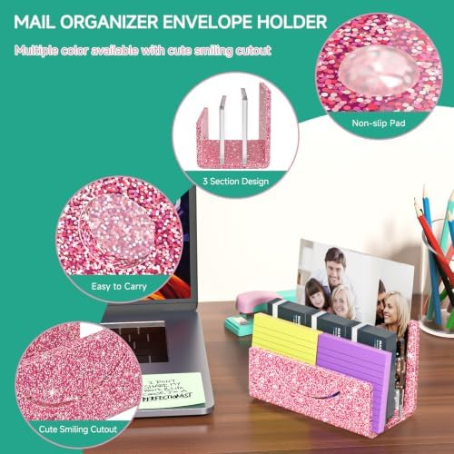 Mail Organizer Envelope Holder - 3 Compartments Glitter Pink Acrylic Mail Holder Countertop Home Office Desk Organizer Small File Sorter Vertical Bill Letter Paper Document Storage Rack