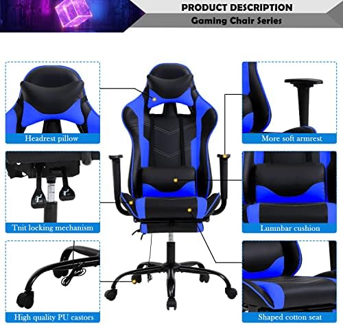 Blue Gaming Chair with Footrest, PU Leather Gaming Chairs for Adults, High Back Comfy Office Chair Ergonomic Desk Chair Computer Chair, Reclining Gamer Chair, Height & Backrest Adjustable, 300 Lbs