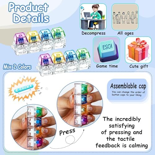 2 PCS Keyboard Fidget Toy, Keyboard Fidget Keychain 4-in-1 Keyboard Decompression Button Finger Clicker Toys, Button Stress Relief Fidget Gifts to Relief Stress (Green Blue Yellow Purple)