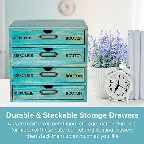 Turquoise 2-Tier Drawer Unit - European Country Style Desk Organizer Box - 9.7x7x5.1" Teal Wooden Stackable Drawers - Countertop Organizer Drawers w/Label Holder - Double File Drawer Unit