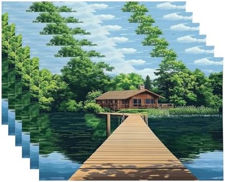 Peaceful Retreat Wooden Structure Linen Placemats, Water Body Lush Foliage Table Mats for Table Washable Heat Insulation Thick Dining Mat, Indoor/Outdoor 12X18 in 6 Pcs