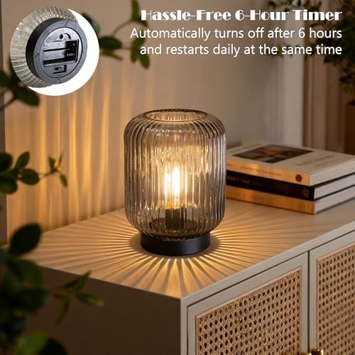 LUSHARBOR Battery Operated Lamp, Cordless Table Lamps for Home Decor, Battery Powered Nightlight with LED Bulb, Decorative Glass Beside Lamp for Bedroom Living Room-Grey