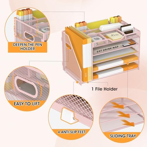5 Tier Paper Letter Tray Desk Organizer with Pen Holders - Pink