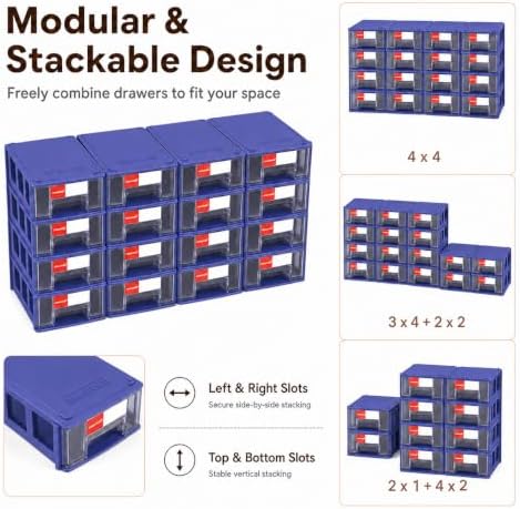 16 Pack Stackable Desk Organizer Drawers for Craft Storage Blue