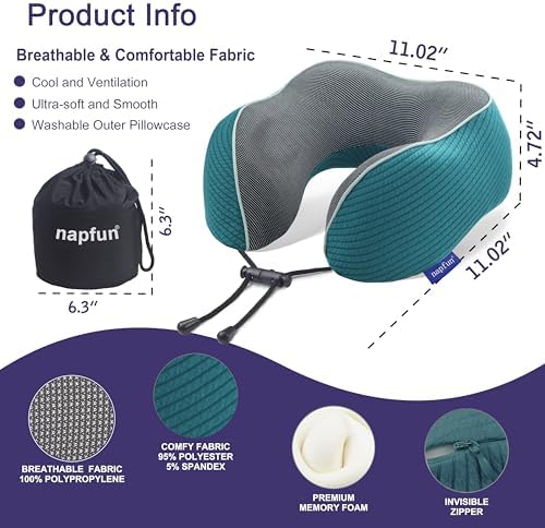 napfun Neck Pillow for Travel, Memory Foam Airplane Pillow, Teal