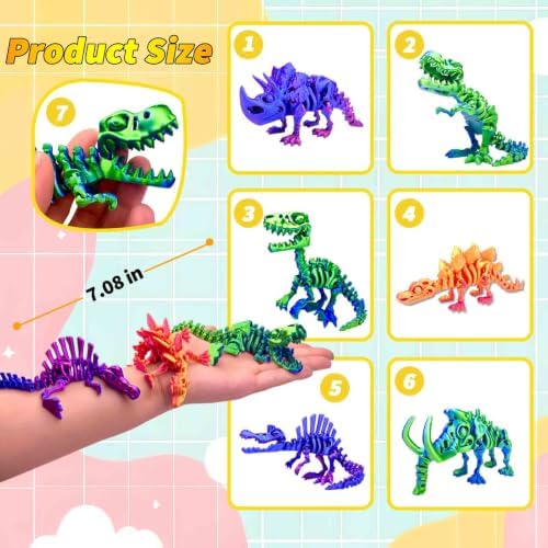 6pcs 3D Printed Dinosaur Skeletons, Flexible，Articulated T-Rex Fidget Toys,Large，3D Printed Animals,Desk Executive Toy，Easter Eggs Basket Stuffers,Toys for Boys Kids Teen Girl 5-7 4-6 8-12