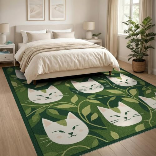 8'x10' Green Cat Forest Faces Interlinked by Ultra-Soft Area Rug