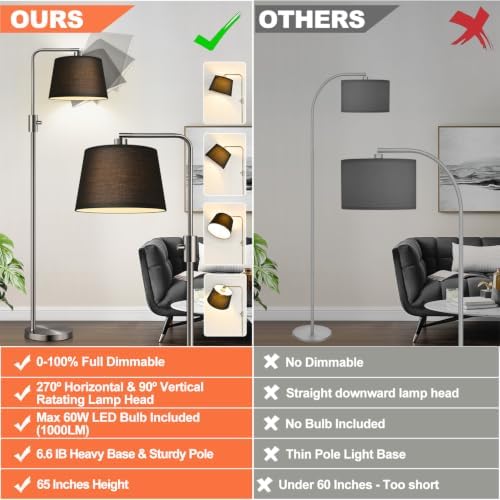 Nintiue 【Upgraded】 Dimmable Floor Lamp, 1000 Lumens LED Edison Bulb Included, Brushed Nickel Arc Floor Lamps Modern Standing Lamp with Black Shade, Tall Lamps for Living Room Bedroom