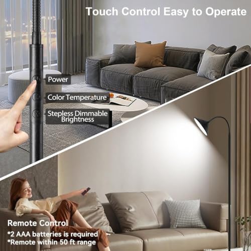Dimmable LED Floor Lamp, Super Bright Reading Lamps Floor Standing lamp with Remote & Touch Control, Stepless Dimming & 2700K-6500K Color Temperature, for Living Room Bedroom Office, Matte Black