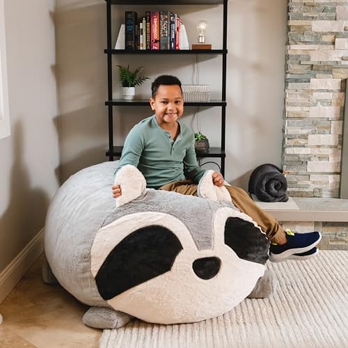 Big Joe Wild Things Foam Filled Animal Bean Bag Chair with Removable Cover, Rocky Raccoon Snugglepuff, Soft Faux Fur, 4 feet Big
