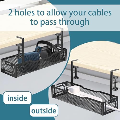2Pack Under Desk Cable Management Tray, No Drill Mesh Desk Cable Tray