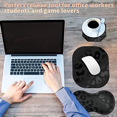 Black Leopard Ergonomic Wrist Rest Pad + Cute Mouse Pad + Cup Coaster, Memory Foam with Non-Slip Base 3Pcs Mousepad Desktop Supply Set Combo for Laptop, Computer, Gaming & Office