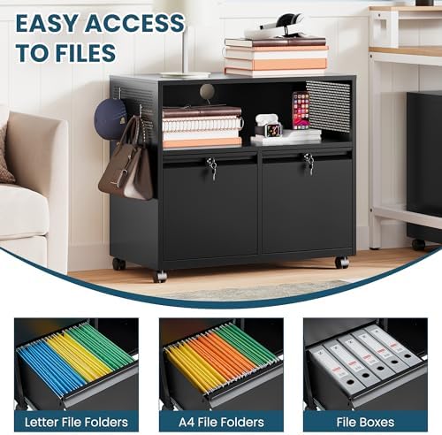 MIIIKO File Cabinet with Storage 2 Drawers, Rolling File Cabinet for Home Office, Metal Black 2 Drawers Storage with Shelf, for Printer, Letter A4 File Organizer