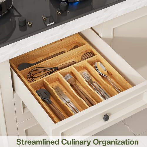 BAMEOS Bamboo Flatware Organizer 16.5×12.8 –Silverware Tray for Small Kitchen Drawers, 2" H Cutlery Holder | Forks, Spoons, Knives