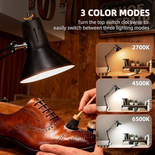 Black Dimmable Desk Lamp with Clamp, Extra-Tall Adjustable Swing Arm