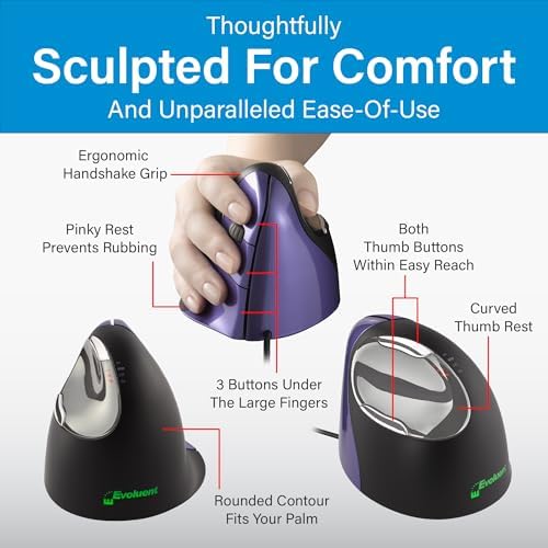 Evoluent – Inventor of The Vertical Mouse – VM4S Ergonomic Vertical Mouse Right Hand Small Wired USB, Sculpted for Comfort, Reduces Wrist Strain, 4 Speeds, 6 Customizable Buttons in Windows