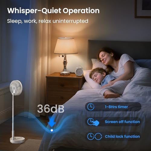 TriPole Portable Standing Fan, 8000mAh Rechargeable Oscillating Fan with Remote, 8.1'' Quiet Pedestal Floor Fan with LED Display & Timer, Foldable Small Desk Fans for Bedroom, Office, Camping, Travel