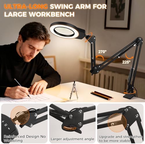 NOEVSBIG Magnifying Glass with Light 10X Desktop Lamp Close Work Up for Desk Crafting, Reading, Sewing, Panting, Soldering, Ultra 3-Section Swing Arm Design for Large Workbench, Hands Free Magnifier