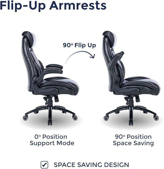 Q-Seat Office Chair with 5-Level Lumbar Adjustment | Recline & Relax Function | Heavy Duty Ergonomic Desk High Back Executive Chair | Flip-up Armrest | Adjustable Headrest | Leather Black
