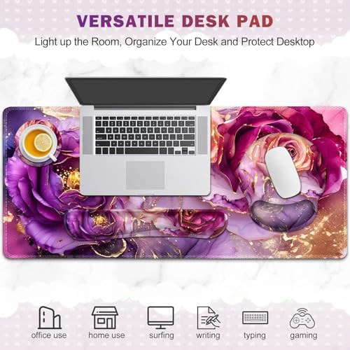 Gaming Mouse Pad Large Desk Mat, Cute Purple Marble Rose Desk Pad Protector