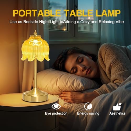 Cordless Table Lamp, Rechargeable Honey Gold Glass Lotus Flower Lamp