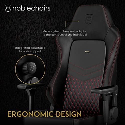 noblechairs Hero Gaming Chair/Office Chair with Lumbar Support, Real Leather, Black/Red