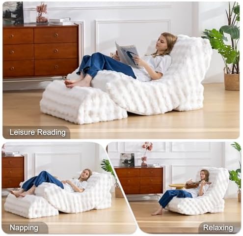 3-in-1 Adjustable Zero Gravity Floor Chair, Oversized Faux Fur Boneless Chair for Adults with Memory Foam & Washable Cover, Silent Rocker Recliner Lounge Chair for Reading, Nursing, Gaming, WhiteGrid
