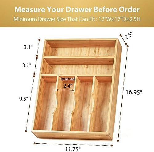 Umilife Kitchen Drawer Organizer, 12 Inch Silverware Utensil Tray Holder, Extra Deep, with Non-Slip Feet & Grooved Drawer Divider, 6 Slots Total Bamboo Wood Caddy for Flatware Cutlery Knives