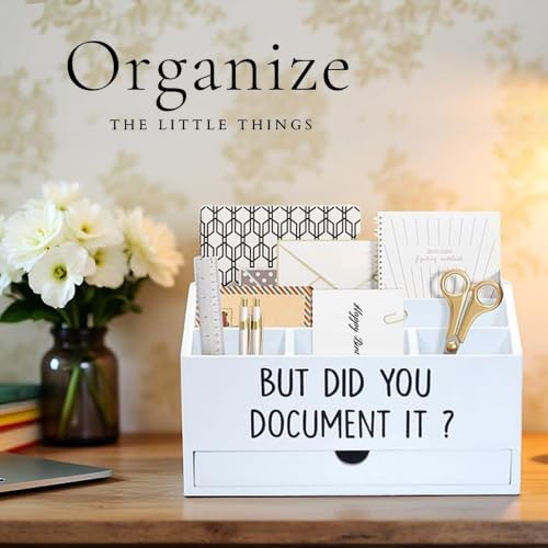 EXQUIDECA Wooden White Countertop Mail Storage with Drawer and Compartments
