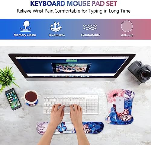AIMSA Wrist Rest Support Mouse Pad Ergonomic, Memory Foam Keyboard Wrist Rest Set Non-Slip Easy Typing and Relieve Wrist Pain Mouse Mat for Computer Office -Butterfly Flower