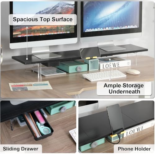 TEAMIX 39.4 inch Dual Monitor Stand with Acrylic Leg, Drawer & Phone Holder