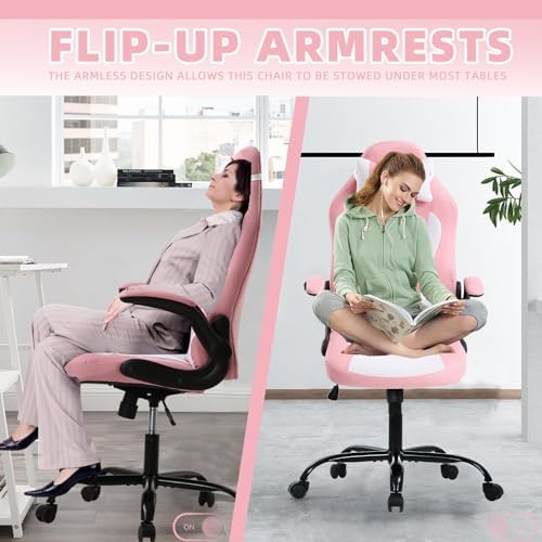 Big Tall Gaming Chair,Ergonomic Comfortable Computer Office Desk Chair with Headrest Lumbar Support,Height Adjustable Tiltable,Wide Swivel Wheel for Kid Adults Home Office Gaming,Pink