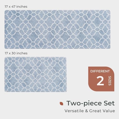 FRESHMINT Kitchen Mat Set of 2, Anti-Fatigue Cushioned Kitchen Mats for Floor, Waterproof Non Slip Comfort Standing Mat, Boho Kitchen Rug for Kitchen Decor, Sink, Office, 17"x30"+17"x47", Lake Blue