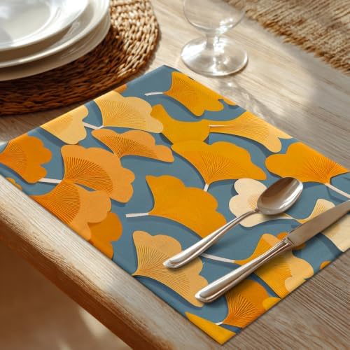 Shrahala Autumn Ginkgo Leaves Set of 8 12 X 18 Inch Linen Placemats, Yellow Leaves Blue Background Burlap Table Mat Washable Double Layered Heat Insulation for Indoor