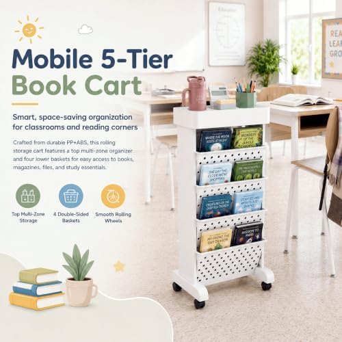 5-Tier Rolling Bookshelf Cart with Wheels, White