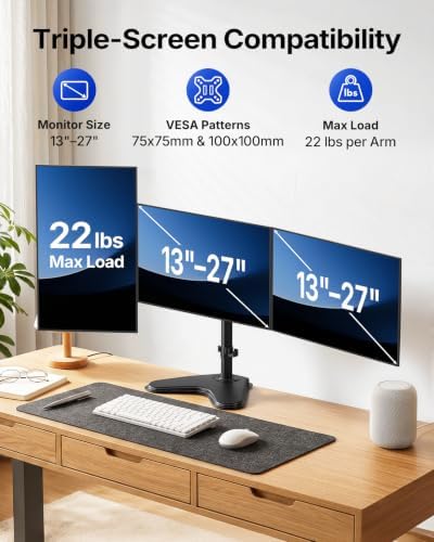 HUANUO Triple Monitor Stand for 13-27 Inch Screens, 3 Monitor Mount