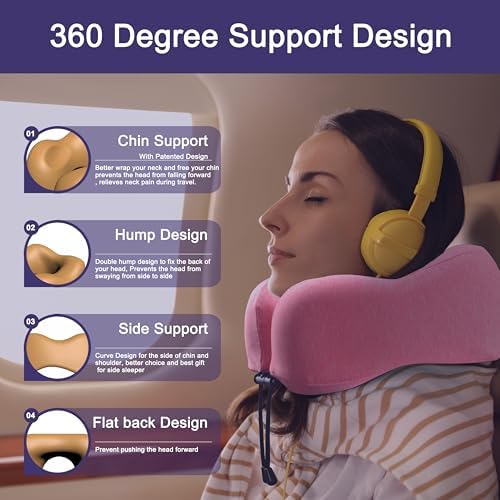 napfun Neck Pillow for Travel, Memory Foam Airplane Pillow, Rose