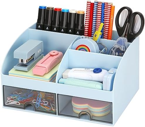 Office Desk Organizer with Drawers for Desktop/Tabletop/Counter, Desk Top Accessories Stationary Organizer Desk Caddy, Pen/Pencil/Business Card/Sticky Note Tray/Paperclip Holder Storage Box (Blue)