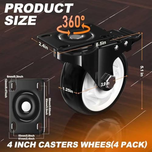 QNCZ 4" Caster Wheels with Brake, Black, Heavy Duty, Quiet, Set of 4
