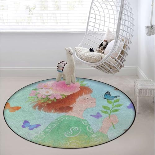 Girl in Flowers Decorative Round Mat, Anime Nature Harmony Office Chair Mat Protector for Hardwood & Tile Floors, Anti-Slip Multi-Purpose Desk Mat, Pastel Pink Green Diameter 59 in
