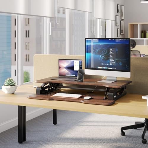 Mount-It! Large 38 Inch Standing Desk Converter, Sit Stand Desk Riser for Dual Monitors with Keyboard Tray, Height Adjustable Desktop Workstation, Easy Lift Gas Spring, Rustic Walnut Brown