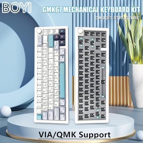 BOYI GMK67 Barebones Keyboard Kit,VIA Programmable Custom BT5.0/2.4GHz/Type-C Tri-Mode Gasket Mounted Hot Swap RGB 4000mAh Wireless 65% Mechanical Gaming Keyboard DIY Kit with Knob(White)