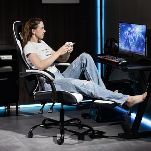Gaming Chair with Footrest for Adults - PU Leather Video Game Chair w/Massage Lumbar Support for Men Women, Ernogomic Computer Gamer Chair for Home Office, Height Adjustable, White